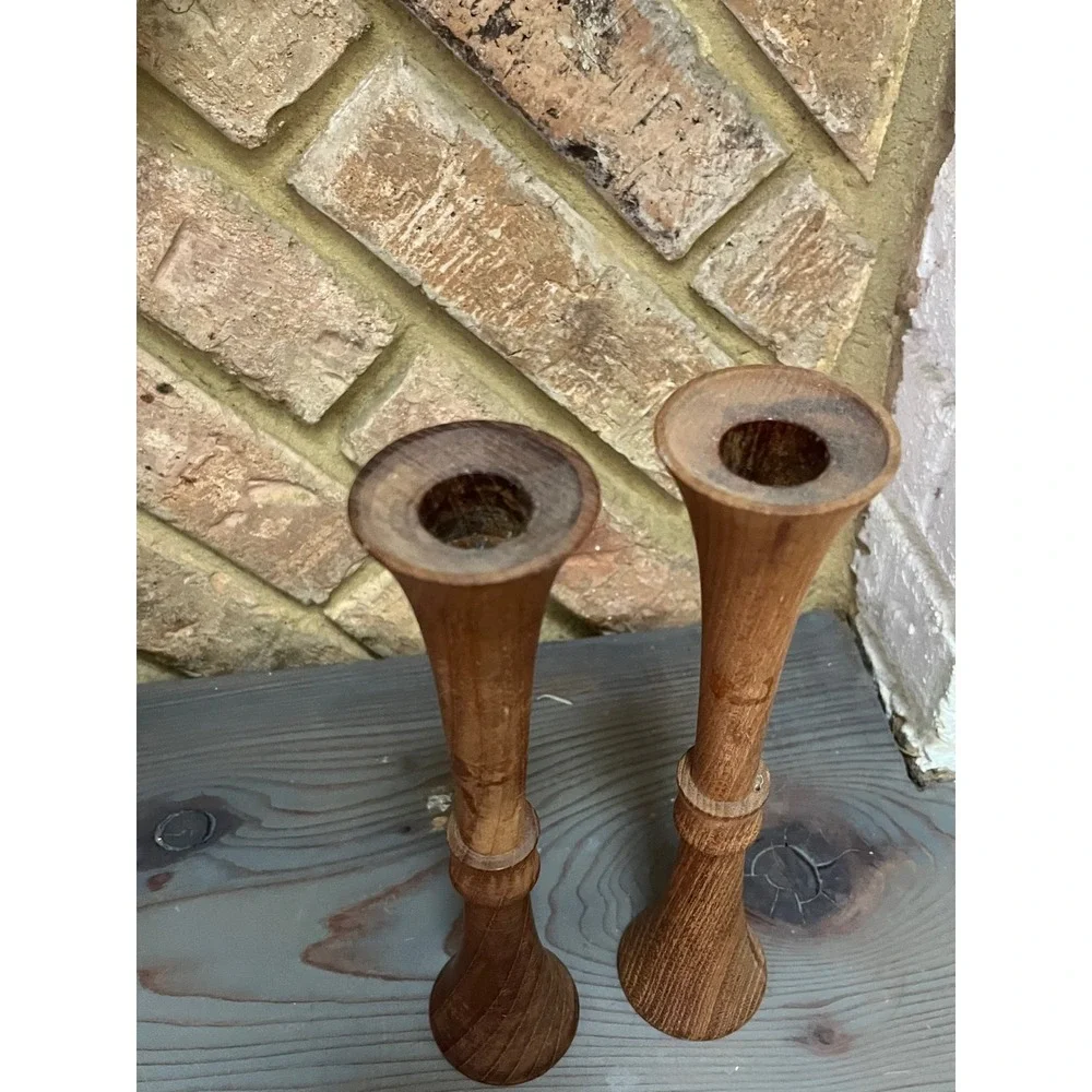 Vintage Mid-Century modern wood candlestick holders Danish style.‎